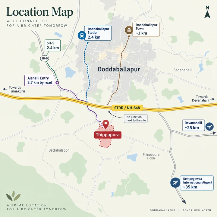 Sattva Ekatra location map showing Thippapura south of the Satellite Town Ring Road, Doddaballapur
